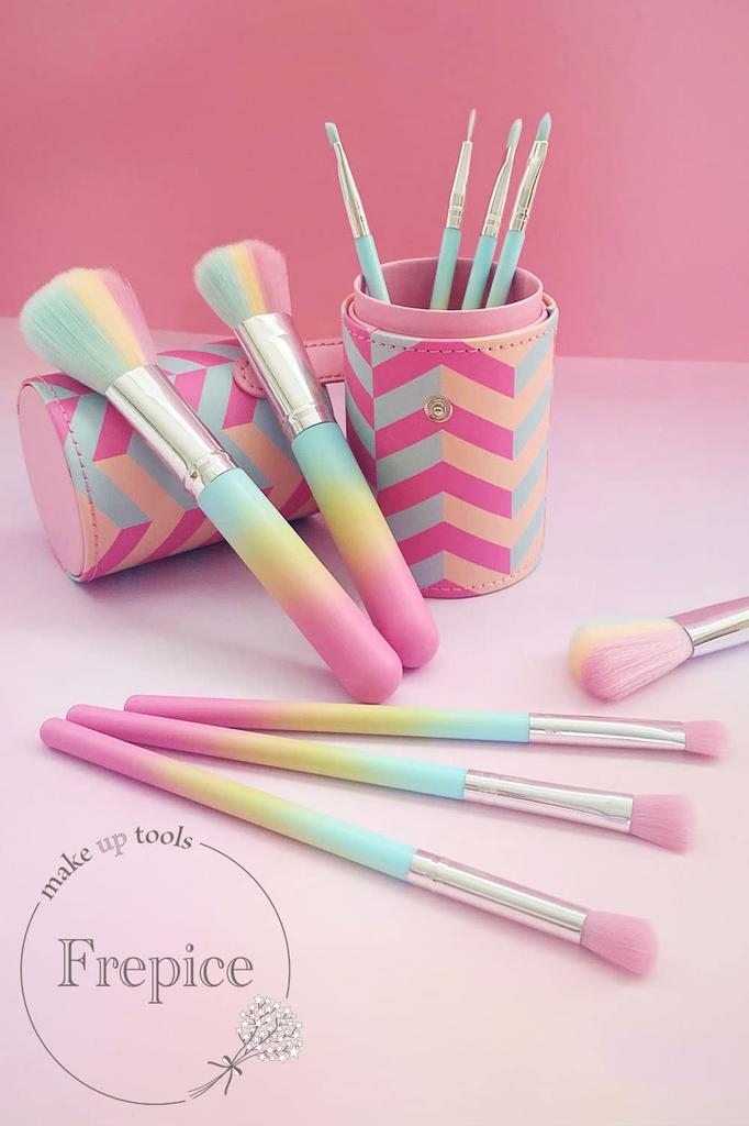 Frepice Makeup Brushes with Powder Makeup Blush Storage and Mirror (10-Piece Set) Brush, Brush, Brush, Case, Cleaner, (Pink Lemon)