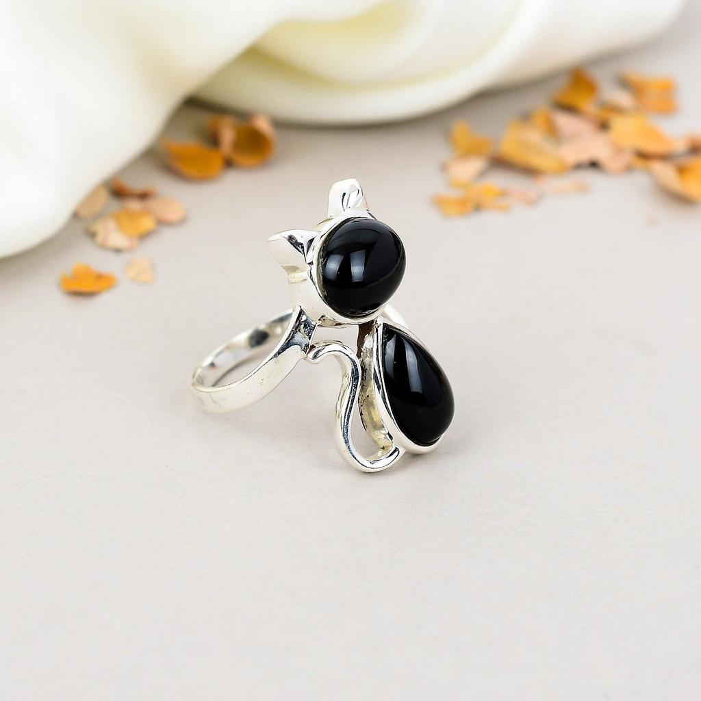 Black Onyx Cat Ring 925 Sterling Silver Handmade Gemstone Ring For Women