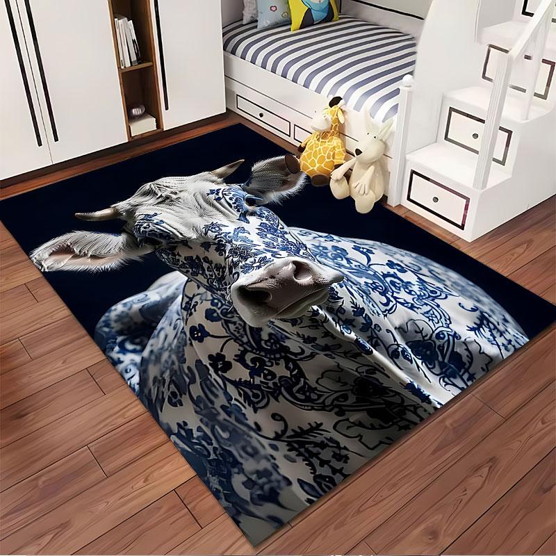 Blue Floral Pattern Cow Carpet Suitable As a Non-slip Mat for the Living Room or Bedroom Sofa