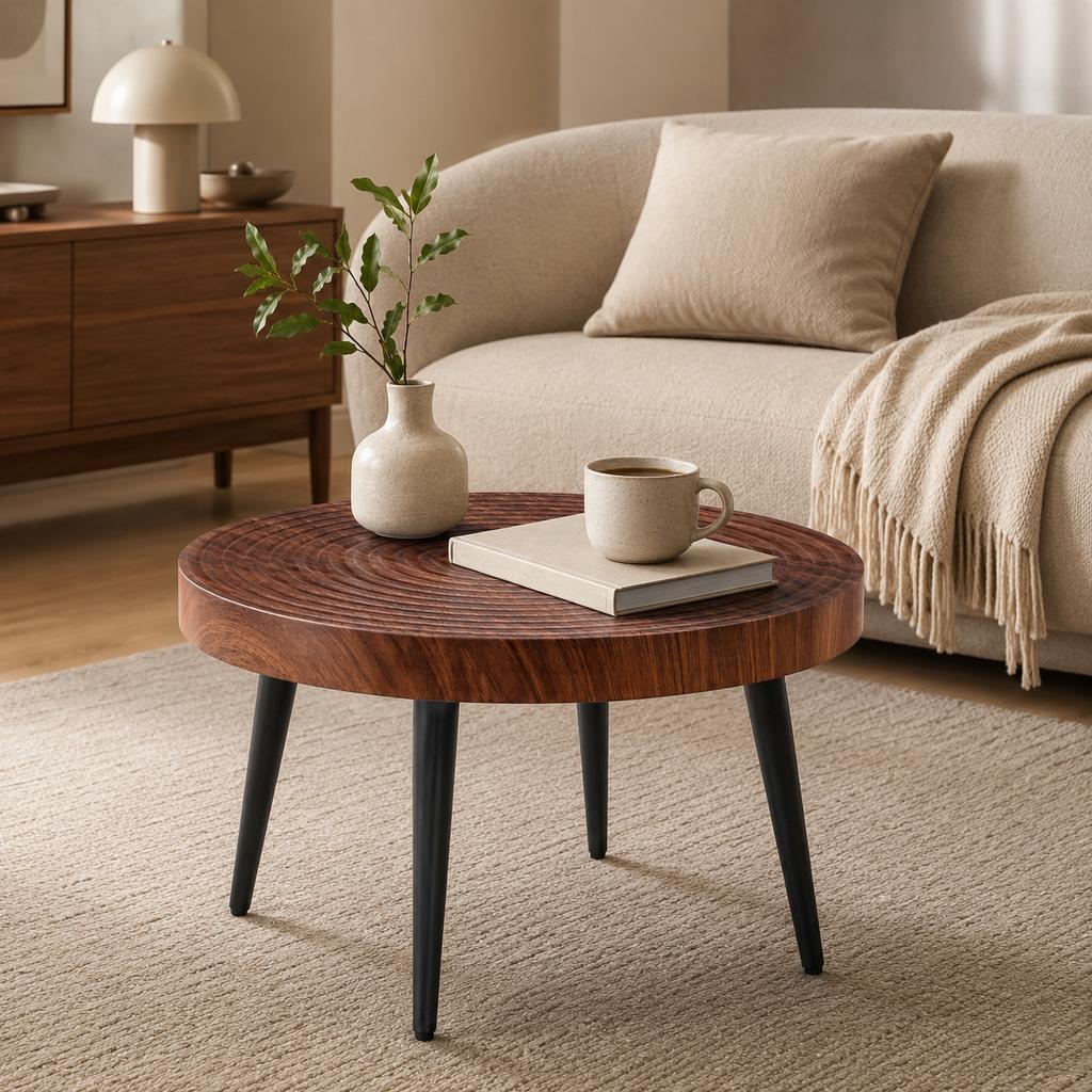 Tavolino da Caffè Rotondo in Legno Scuro con Piano Spesso 5 cm con Anelli Annuali, e Gambe in Metallo Nero; Ideale per Soggiorni Piccoli