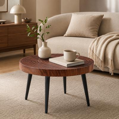 Round Coffee Table Made of Dark Wood with 5 Cm Thick Top Featuring Annual Rings, and Black Metal Legs; Ideal for Small Living Rooms