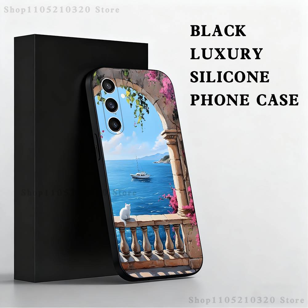 Artistic drawing cat Phone Case For Samsung S 25,24,23,22,30,21,10,9,Ultra,Plus,Lite,FE,4,5 G Black Soft Case