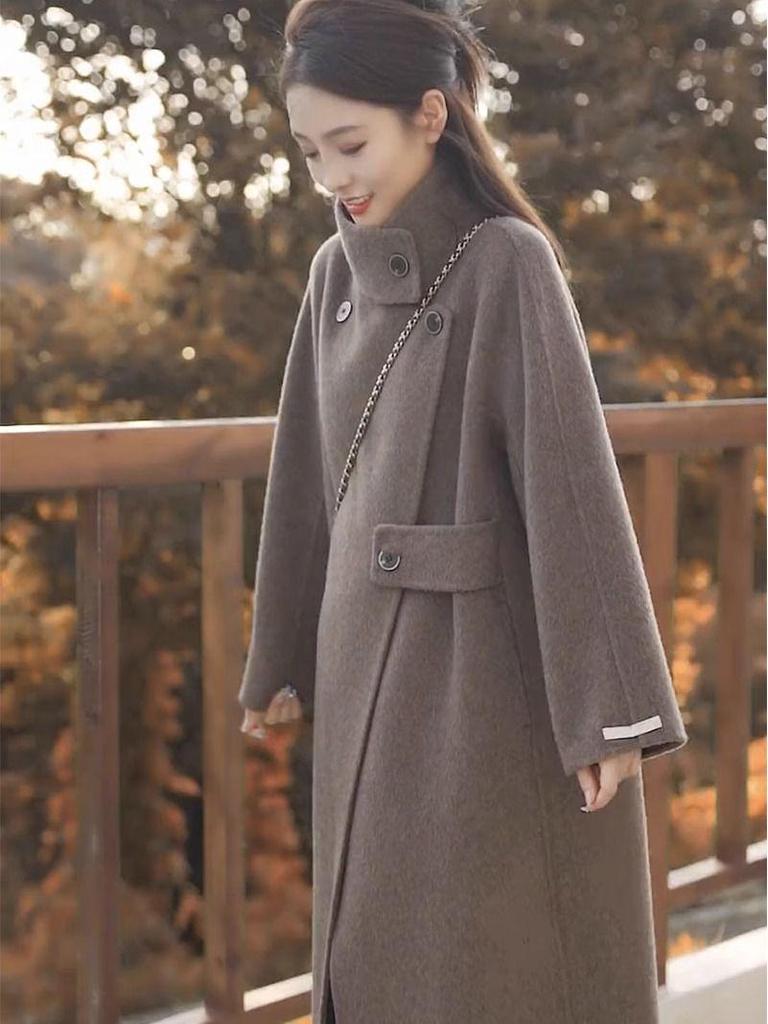 Popular Abrigo de Lana para Mujer 2024 - Estilo Coreano Otoño/Invierno, Cuello Alto Hepburn, Lana Doble Faz