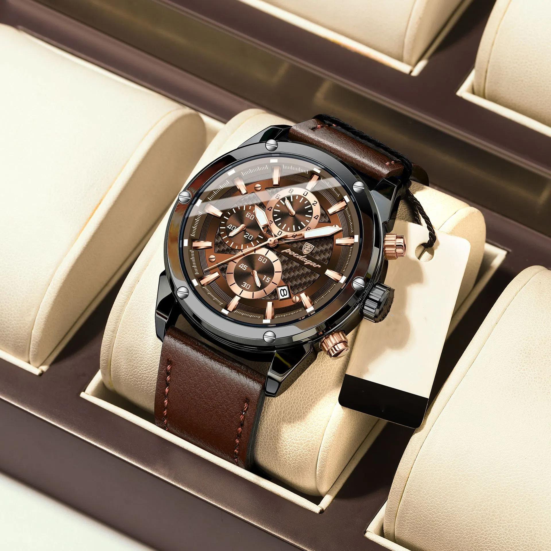 

POEDAGAR Мужские часы модные хронограф кожаные кварцевые часы водонепроницаемые светящиеся спортивные мужские наручные часы с шестью иглами коричневый