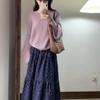 Douyin Purple Floral Elastic Waist Midi Skirt - Autumn Mori Style, High Waist, Slimming, Retro Elegance