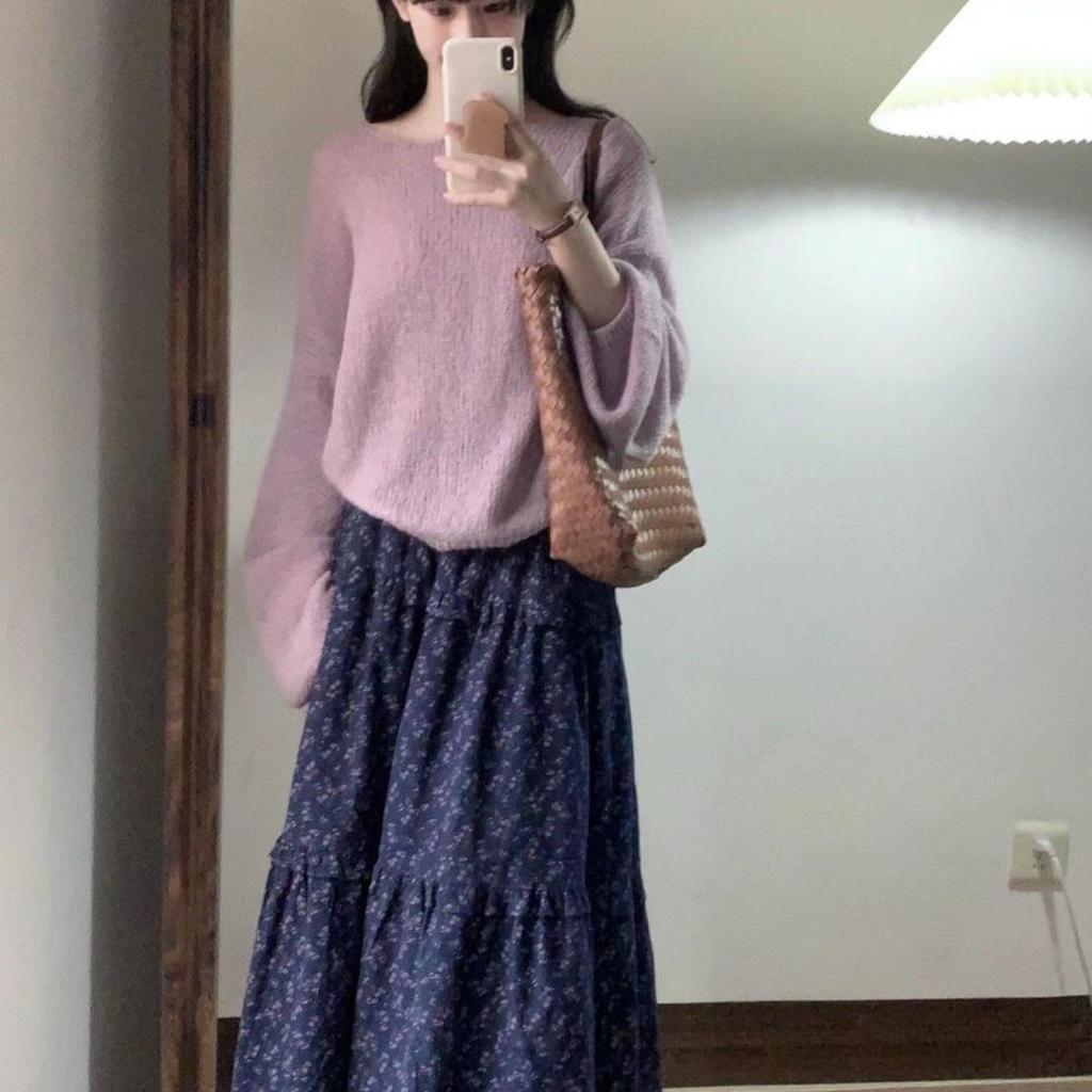 Douyin Purple Floral Elastic Waist Midi Skirt - Autumn Mori Style, High Waist, Slimming, Retro Elegance