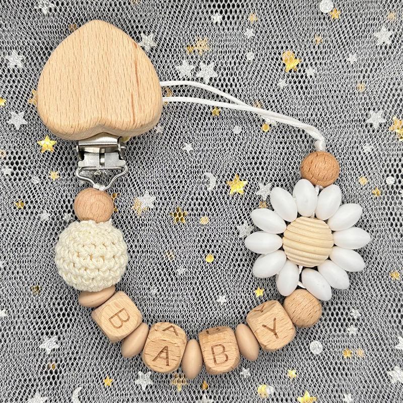 Individueller Personalisierter Name Handgefertigt Buchenholz Schnullerclip Halter Kette Silikon Krone Perle Beißring Baby Zahnen Geschenk