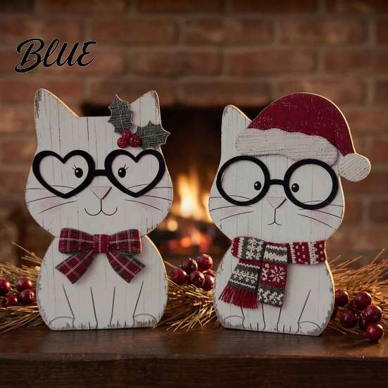 Small Wood Christmas Rustic Farmhouse Decor Cute Cat Tabletop Ornaments Wooden Kitty Figurine Creative Stocking