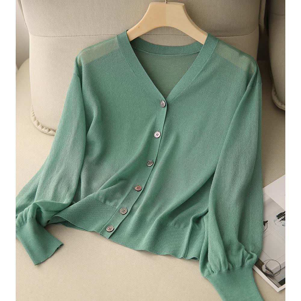 Women’s Spring 2026 V-neck Lightweight Knit Cardigan - Korean Style, Breathable, Long Sleeve