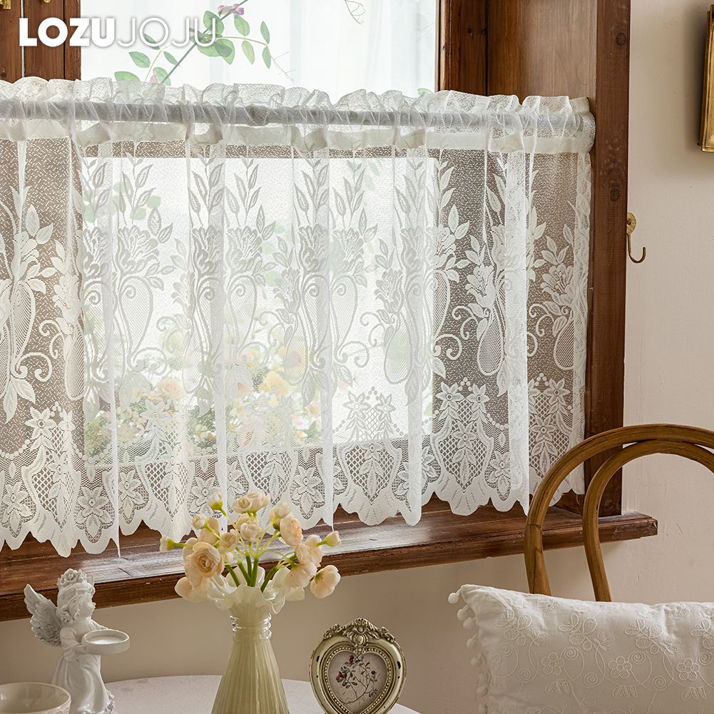 1PC LOZUJOJU French Retro Lace Short Curtain, Rustic Style, Lightweight Sheer Curtain for Living Room Kitchen Cupboard Window Home Decor