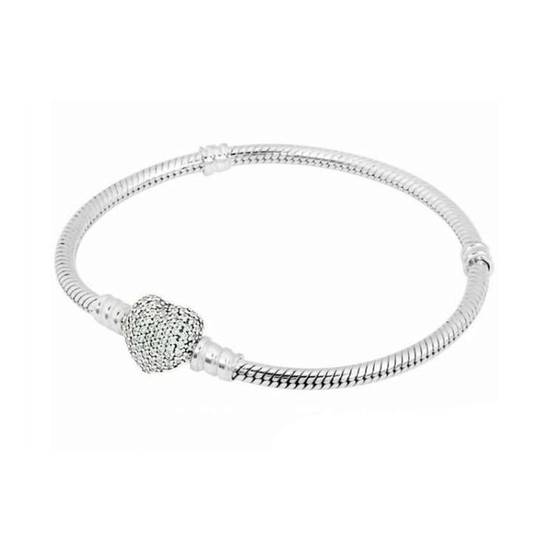 Pandora Brilliant Heart Shape Chain Clasp 925 Silver Cubic Zirconia Bracelet Women's Silver 590727CZ16