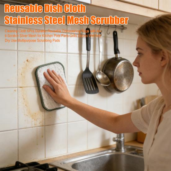 6Pcs Cleaning Cloth Anti-Scratch Silver Mesh Reusable Dishwashing Rags Pots Pans Grills Stoves Wet Dry Use Multipurpose Scrubbing Pads