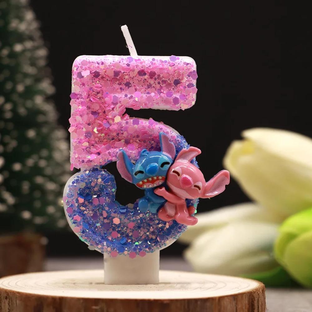 Stitch Angel Number Candle Glitter Pink Blue Cartoon Character Birthday Cake Topper Candle Kids Party Decor Gift
