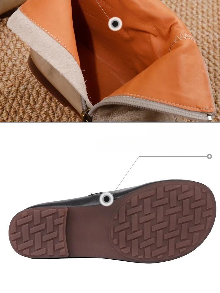 Johnature Genuine Leather Retro Flat Short Boots Side Zipper Soft Cowhide Versatile Women's Shoes