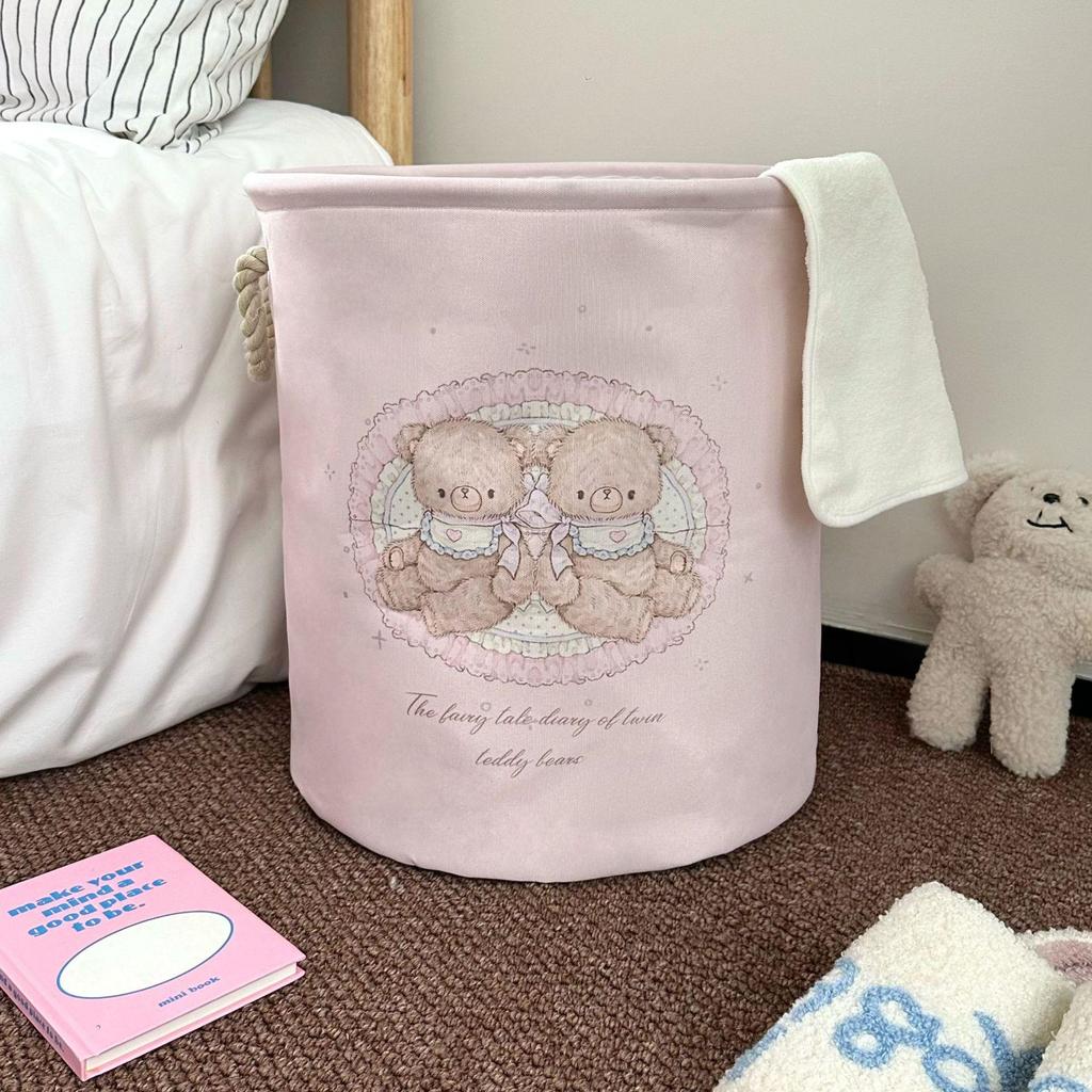 Girly Cartoon Bear Laundry Basket - Large Capacity, Foldable Storage Bin for Clothes & Plush Toys