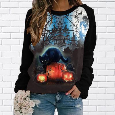 Pull Automne Hiver Mode Halloween Patchwork Couleur Vêtements Décontractés Imprimé 3D Col Rond Manches Longues Sweat à Capuche Femmes