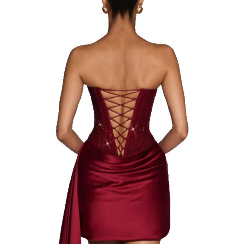 European and American Tube Top Bright Diamond Waist Dress, Satin Irregular Short Skirt, Party Night Tight Temperament Dress Skirt