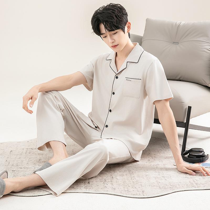 Pajamas men's 1011 new spring and summer pure cotton short-sleeved trousers youth thin can be worn outside loungewear summer suit