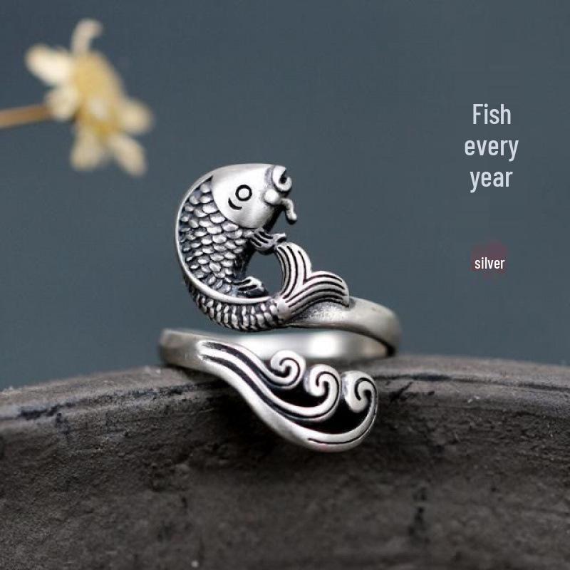 Trendy Retro Thai Silver Adjustable Koi Ring - Ethnic Style Index Finger Ring for Women