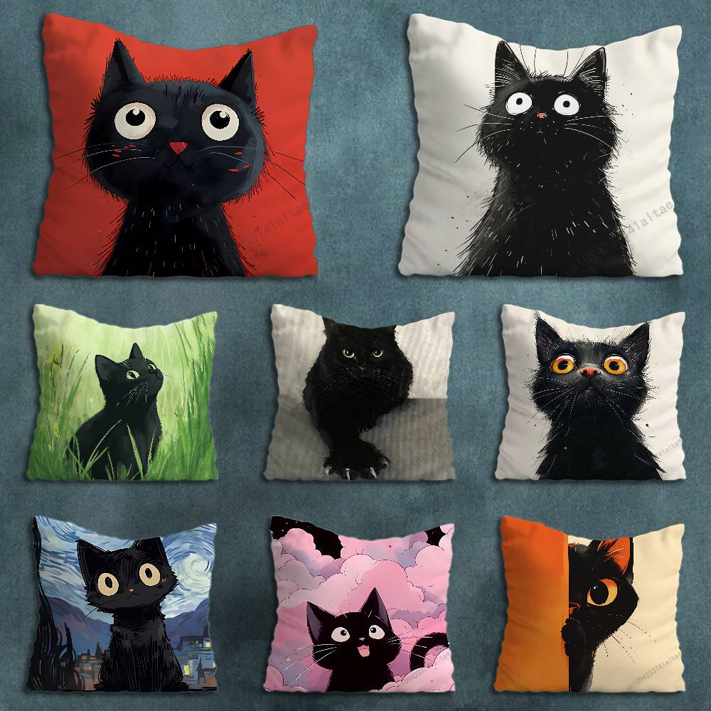 Cute Black Cat Cartoon Art Pillowcase for Sofa Room Office Decor Printing Merchandise AllMatch Cushion Cover