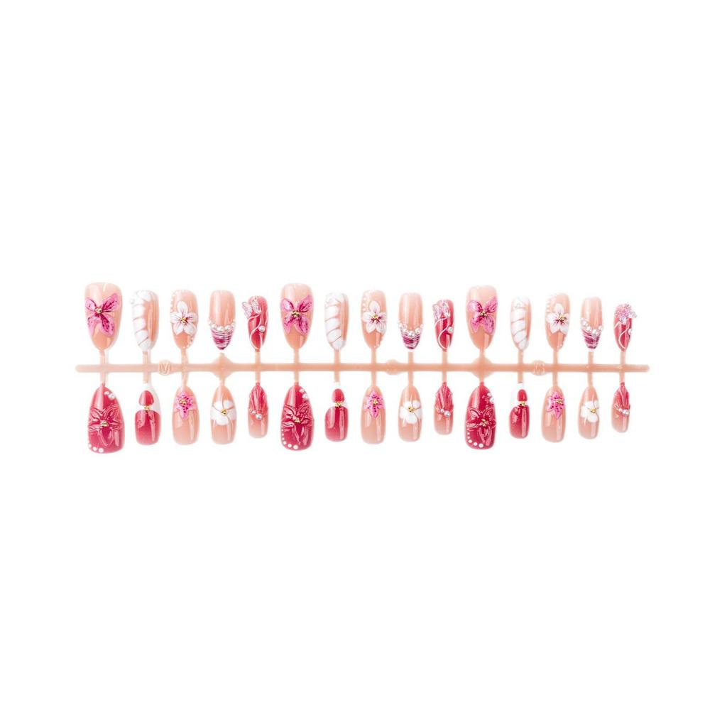 30-Piece Set: Handmade Almond Nails with 3D Flowers, Butterflies & Pearls