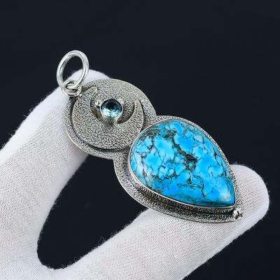 Elegant Turquoise, Blue Topaz Pendant, 925 Sterling Silver Pendant, Handcrafted Statement Necklace, Boho Jewelry, Unique Pendant For Gifts