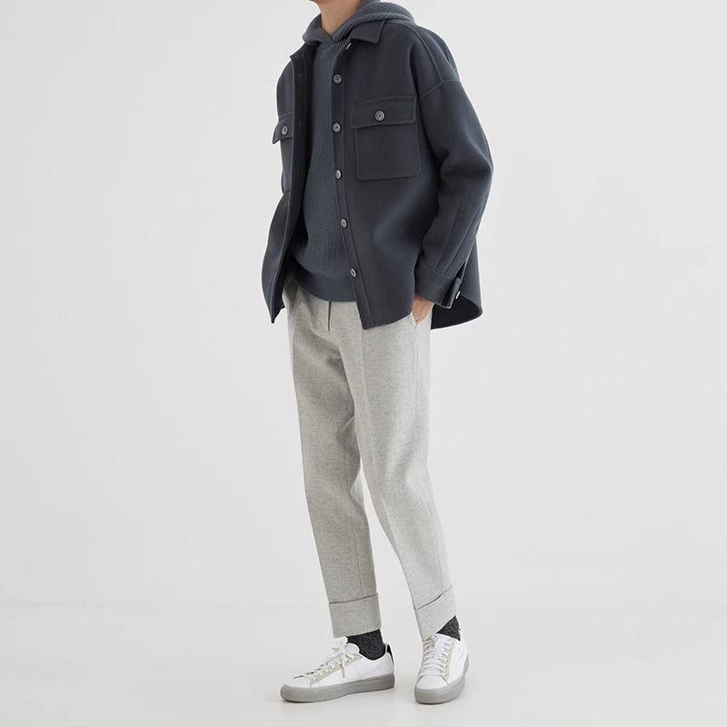 Men's Khaki Korean-Style Wool Coat: Autumn/Winter Loose Fit, Double-Sided Pocket Jacket