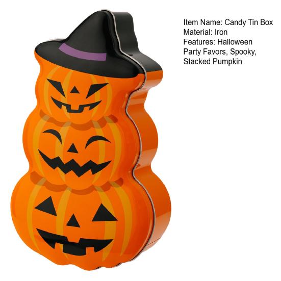 Halloween Pumpkin Candy Tin Box, Stacked Pumpkin Shaped Metal Treat Container with Lid, Orange Tinplate Case for Trick or Treat Party Favors