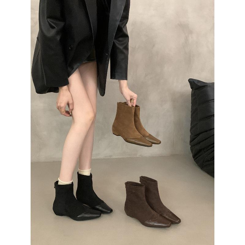 Bottes courtes rétro carrées à talon épais élastiques fines pour femme automne et hiver, patchwork de daim, fermeture éclair arrière, bottes courtes style Martin