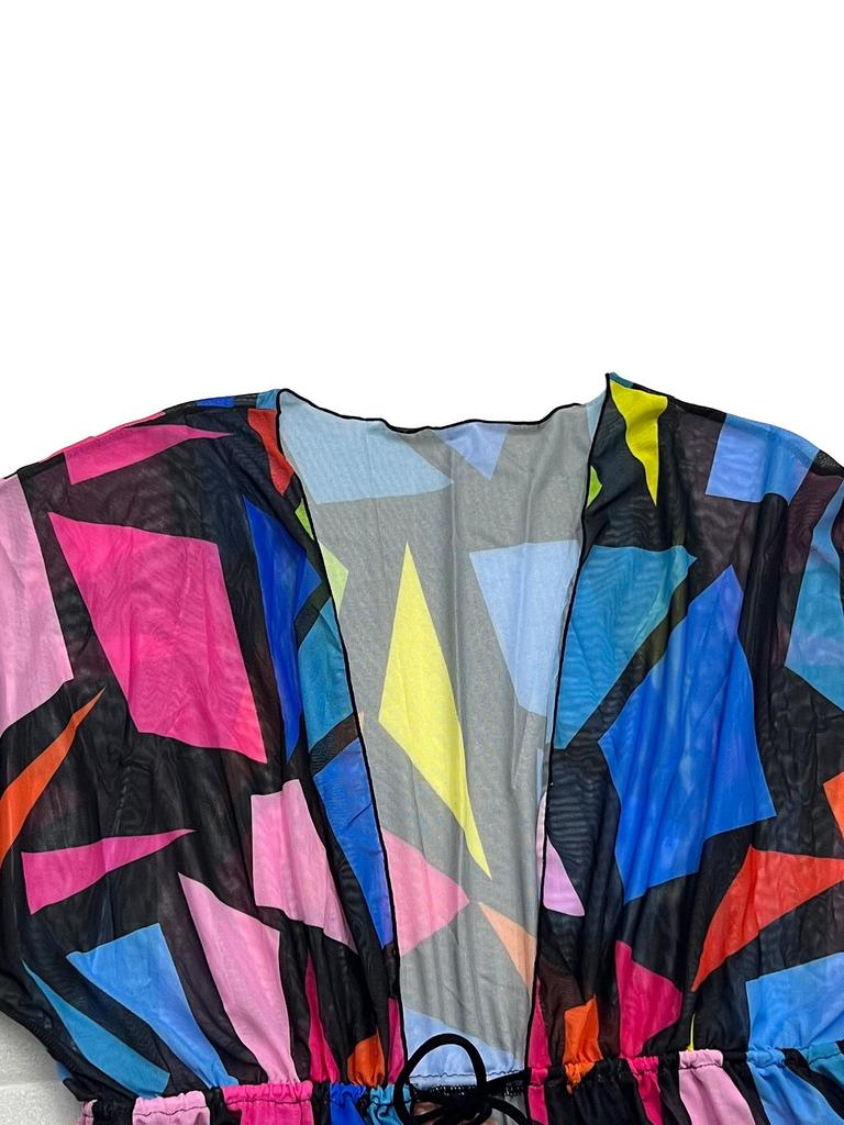 Women Plus Size Geometric Color Block Print Long Kimono Cover Up Sheer Chiffon Drawstring Waist Bikini Cardigan Summer Beach Swim Cover Robe