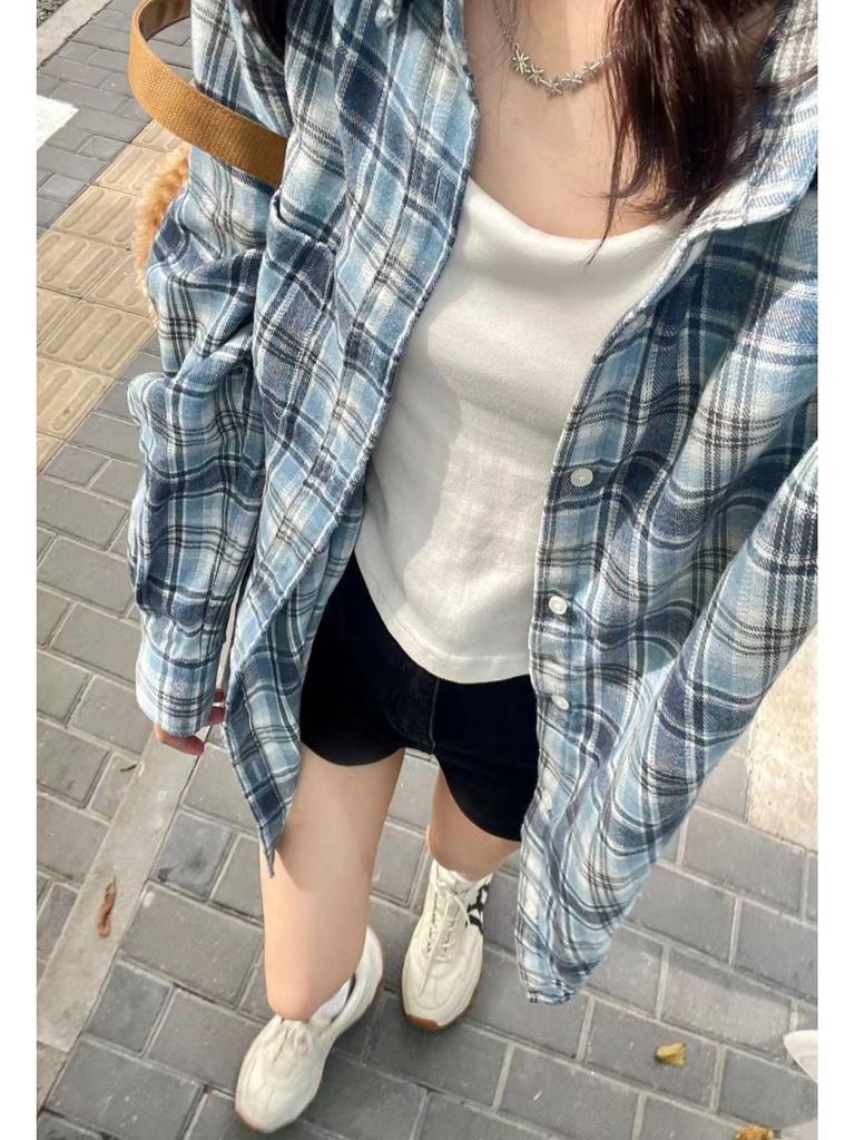 Women's Hong Kong Retro Plaid Loose Long-Sleeve Shirt for Spring/Autumn