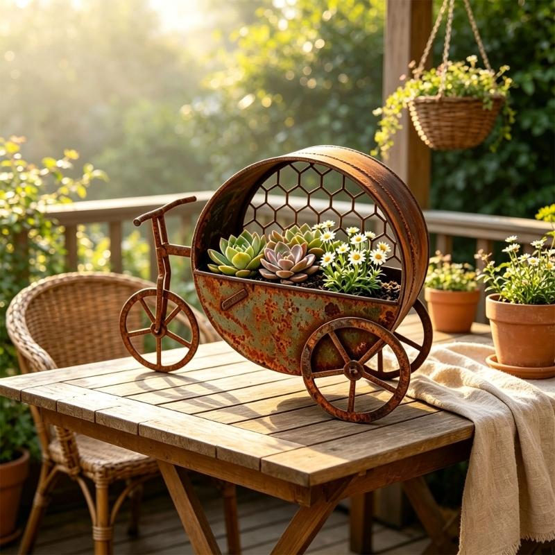 Decorative Bike Flower Pot with Aged-Look Finish, Wheel Base, Open Basket, and Iron Metal Frame for Garden Plant Displays