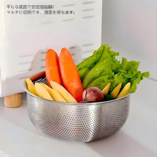 CHFNJJ Stainless Steel Bowl and Colander Set: Includes a Draining Bowl with Drainage Holes, Perfect for Washing Rice, a Heat-resistant Mesh Colander,