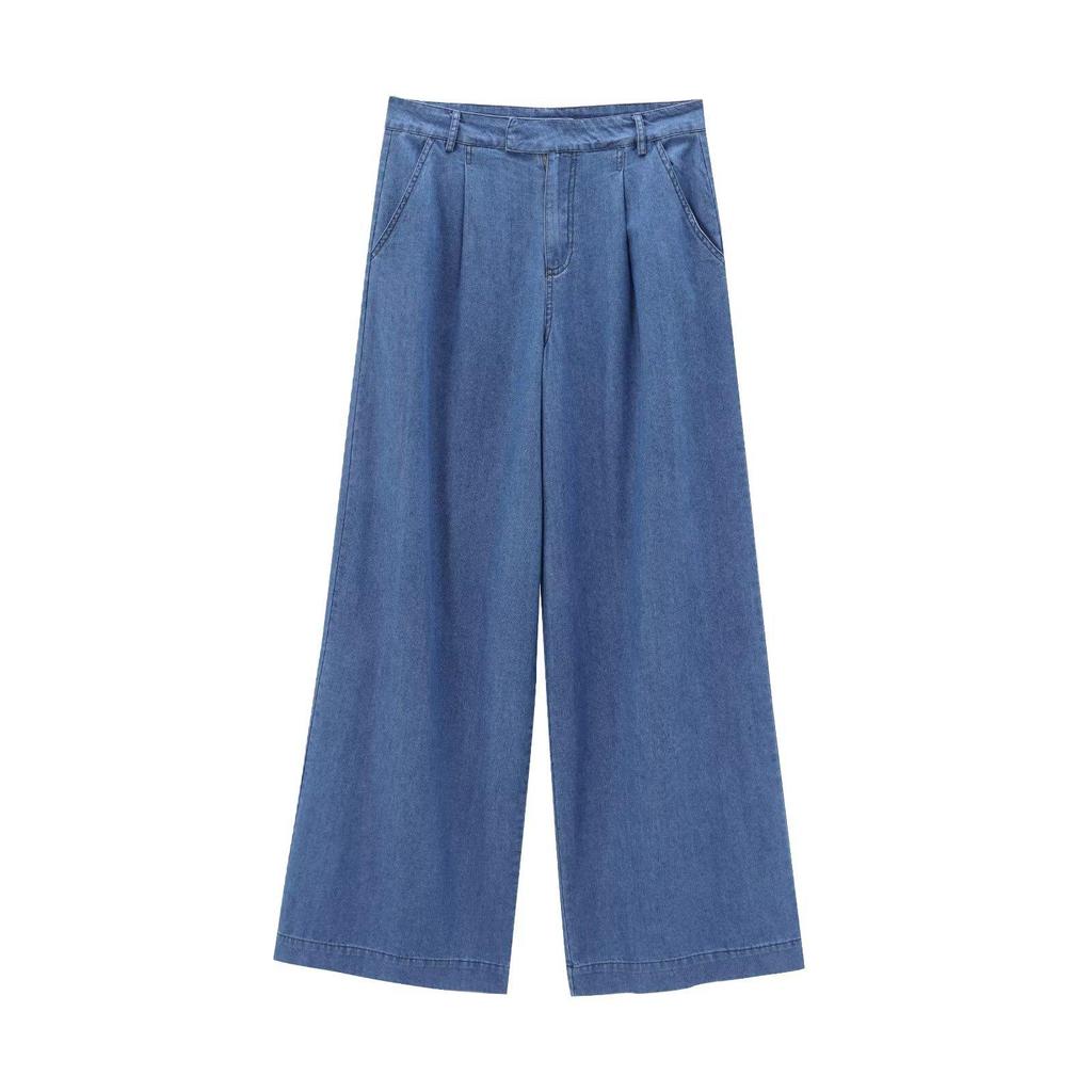 Women's Early Autumn Denim Set: Turn-Down Collar Tie-Waist Shirt & Draping Wide-Leg Pants
