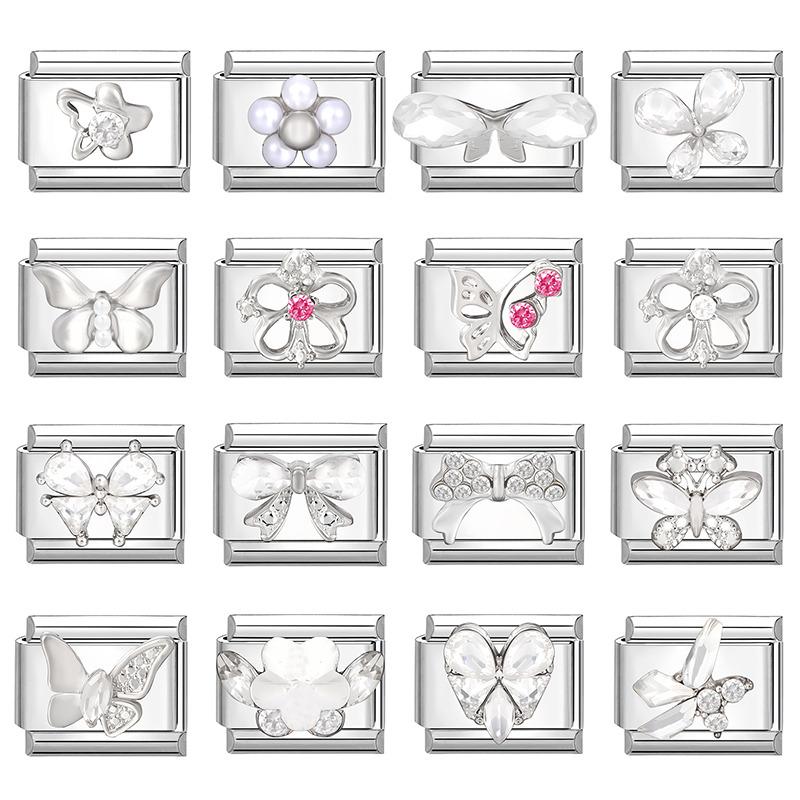 New Shiny Zircon Heart Butterfly Flower Star Bow Italian Charm Links Fit 9MM Stainless Steel Bracelet Girls' DIY Making Gift