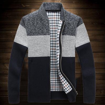 Men Sweater Coat Thick Plush Colorblock Zipper Closure Stand Collar Knitted Loose Keep Warm
