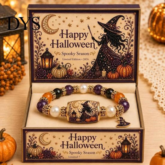 Adjustable Alloy Wristband Halloween Stretch Beaded Bracelet with Gift Box, Black Cat Pumpkin Ghost Stylish Wrist Accessory for Parties Crow
