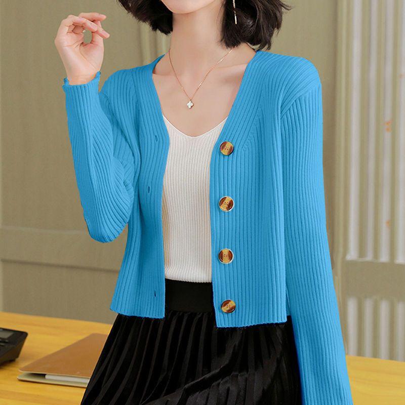 Spring Autumn Women's Short Cardigan Casual Solid Color Slim-fit Knitted Cardigan V-neck Long-sleeve Knitted Top