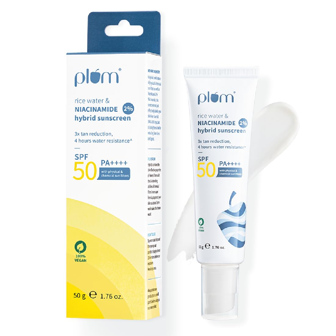 Plum 2% Niacinamide Rice Water SPF 50 PA++++ Hybrid Sunscreen 50g Lightweight Non-Sticky Glow