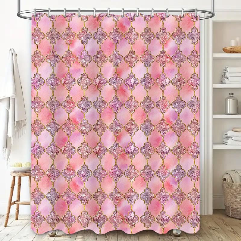 Waterproof Shower Curtain with Flower Pattern Design for Bathroom Decoration Custom Sizes Available Pink Gold Glitter Moroccan S