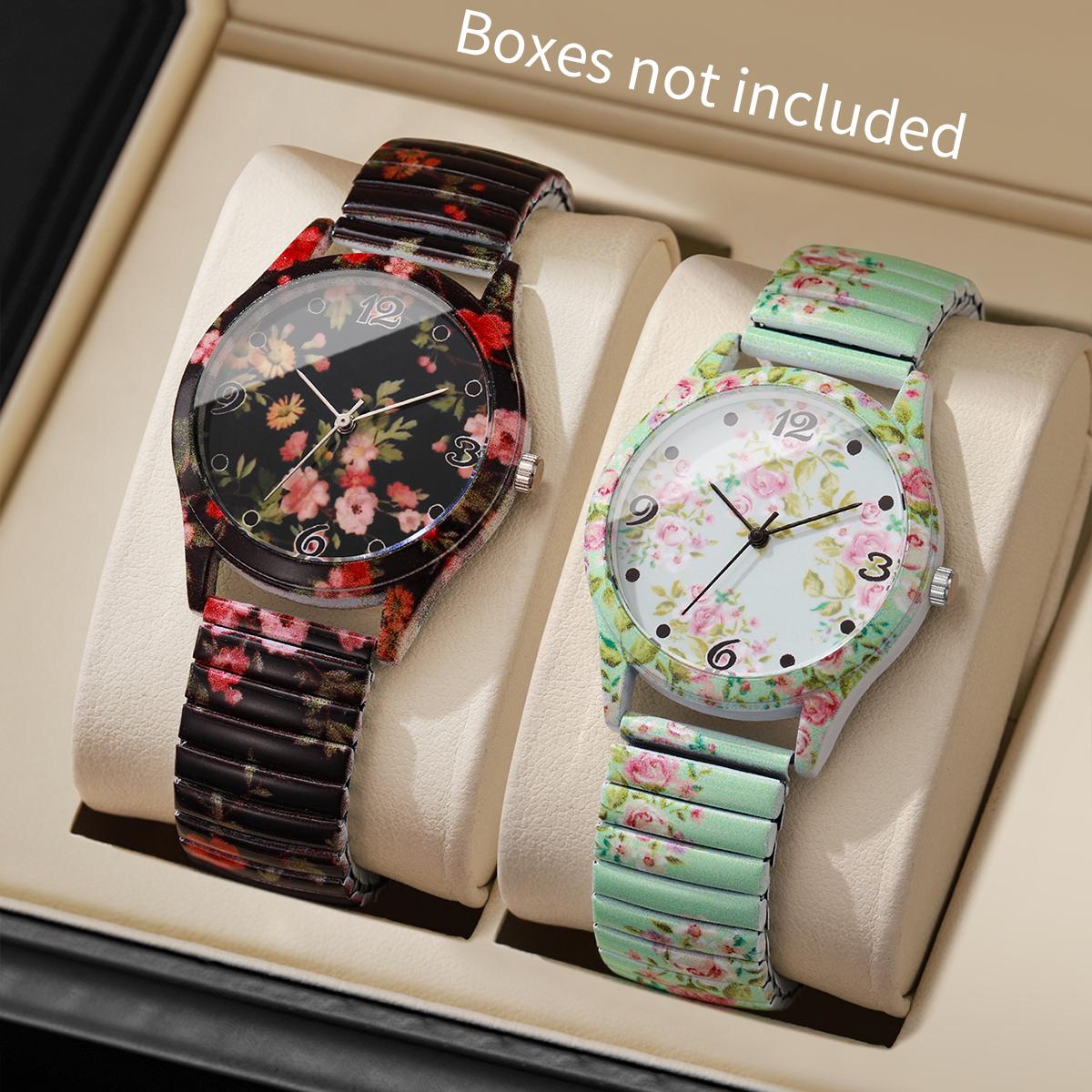 

2 шт./набор Женские часы с принтом Элегантный темперамент Циферблат с цифровой шкалой Классический тренд Часы кварцевые с принтом Комбинированный набор Без коробки
