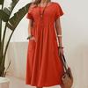 Women's Solid Color Round Neck Pocket Pleated Short Sleeve Cotton Linen Long Dress