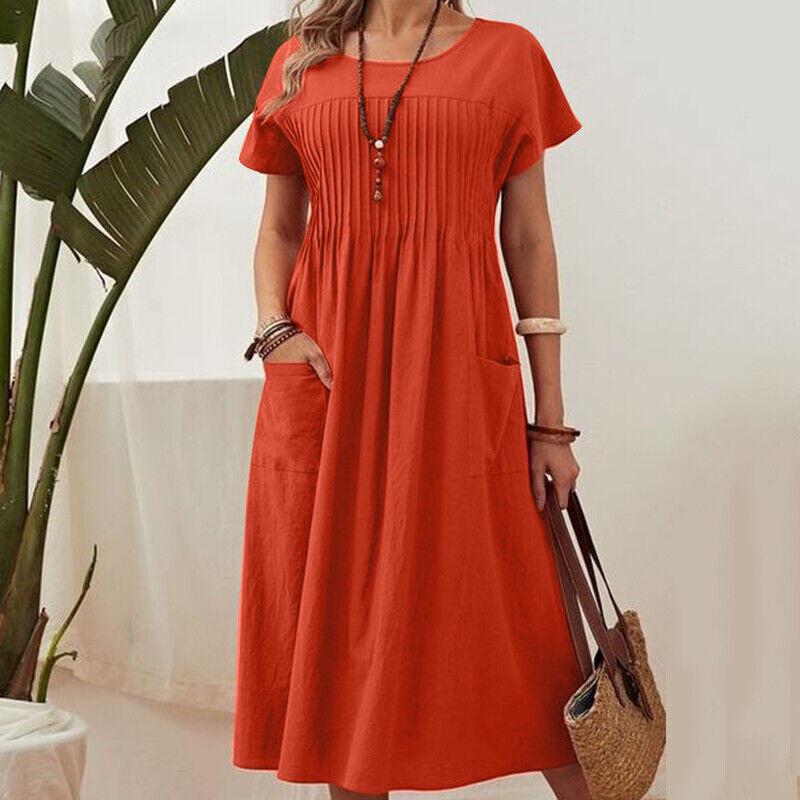 Women's Solid Color Round Neck Pocket Pleated Short Sleeve Cotton Linen Long Dress