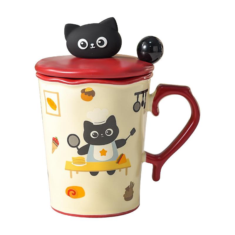 Niedliche Katze Keramiktasse Becher mit Deckel und Löffel für Mädchen mit hochwertigem Design Nische Büro Wasserbecher