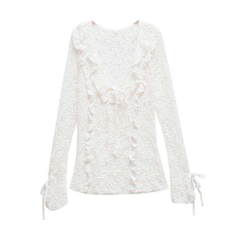 Women's Spring Clothing Romantic Style Bows Lace-up Long Sleeve V-neck Lace Laminated Decoration Tops 4813319