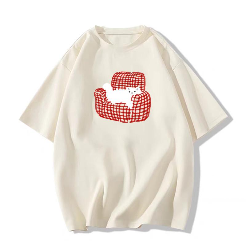 Women's Round Neck Short Sleeve Cotton T-Shirt Loose Fit Cute Cat Print Casual Summer Top