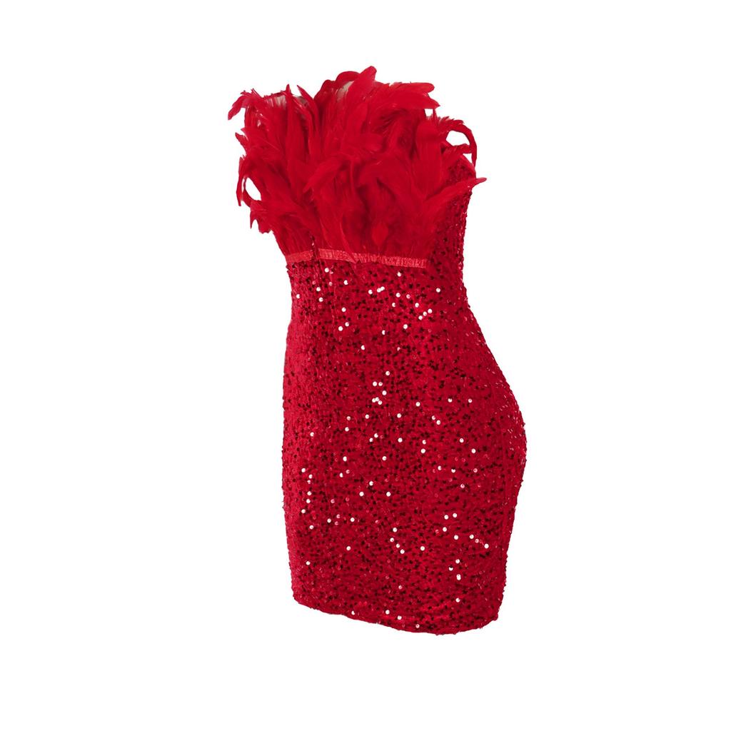 European & American Strapless Feather Sequin Bodycon Dress