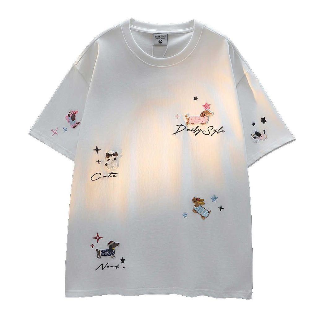 American Chic Embroidered Puppy Short-Sleeve Cotton T-Shirt for Women – Summer Loose Fit Cute Top