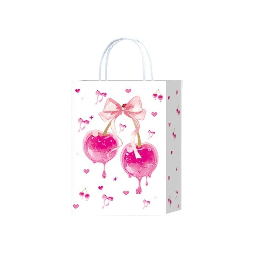 5PCS Sweet Pink Paper Gift Bags White Bow Handheld Design Pink Bow Theme Bow Themed Paper Material Candy Tote Bag Wedding Party