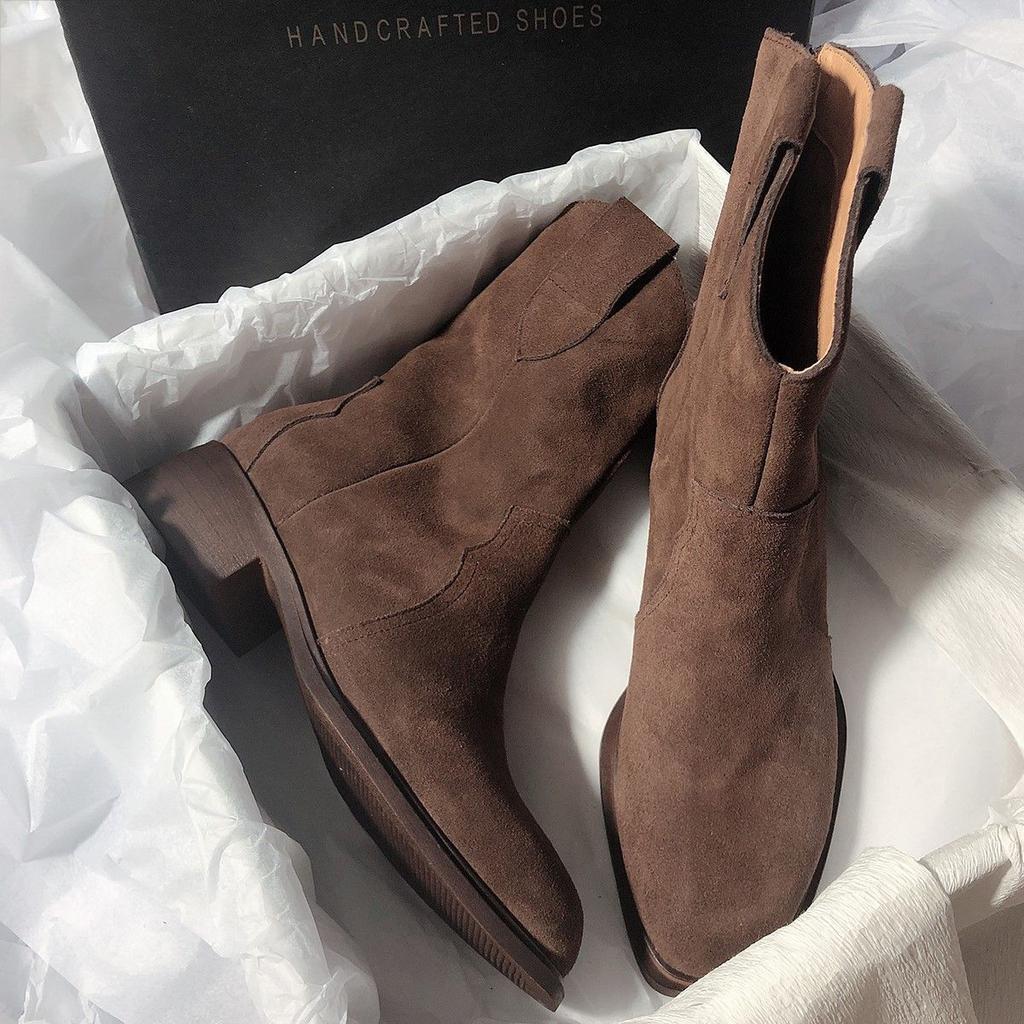 Matné westernové kovbojské kozačky střední kozačky francouzský Maillard retro hnědé nízkopodpatkové krátké kozačky dámské 2025 podzimní a zimní nové modely